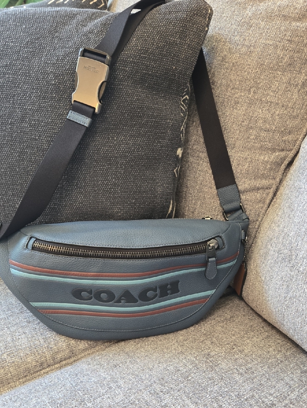 COACH Blue Leather Belt Bag with Red and Teal Stripe Accents
